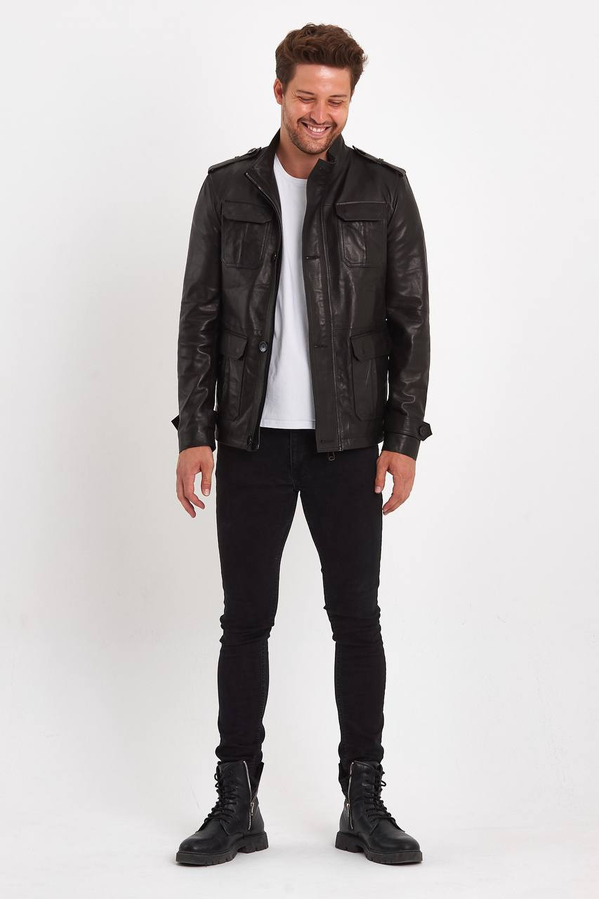 Afreen Fashion Men’s Luxury Black Leather Field Jacket – Premium European Military Style Designer Leather Jacket for London Fashion Brands & Modern Luxury Menswear Collections 2026