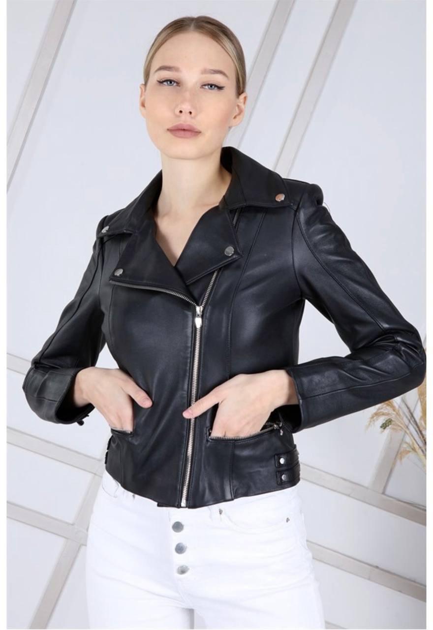 Afreen Fashion™ Noir Luxe Women's Black Leather Biker Jacket – Premium European Style Motorcycle Leather Jacket for Luxury Fashion Brands