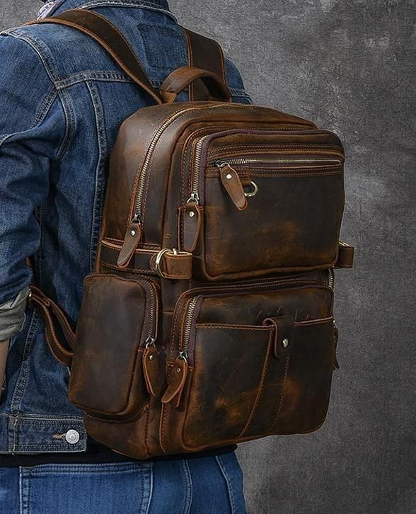 Vintage Full Grain Leather Backpack for Men – Luxury Travel & Business Laptop Rucksack with Multi Pocket Design |Afreen Fashion