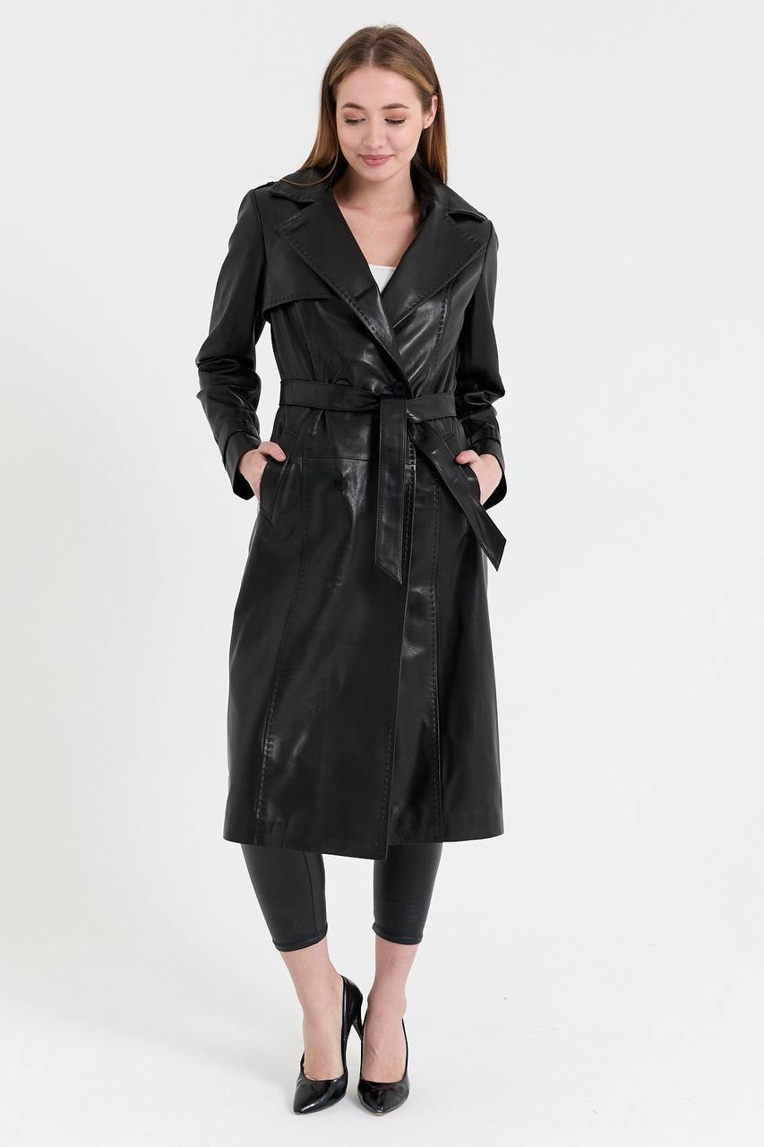 Afreen Fashion Women’s Luxury Black Leather Trench Coat – Premium European Designer Longline Leather Overcoat for London Fashion Brands & High-End Winter Collections 2026