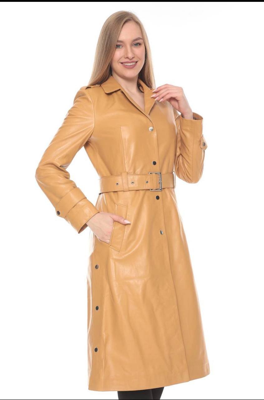 Afreen Fashion Signature Camel Leather Trench Coat – Luxury Women’s Designer Outerwear