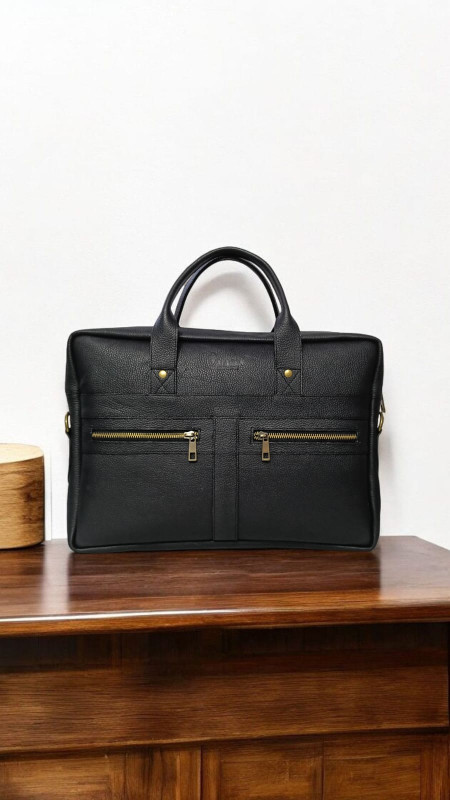 Premium Leather Briefcase for Men – Structured Business Laptop Bag with Dual Zip Pockets for Executive Work & Travel | Afreen Fashion