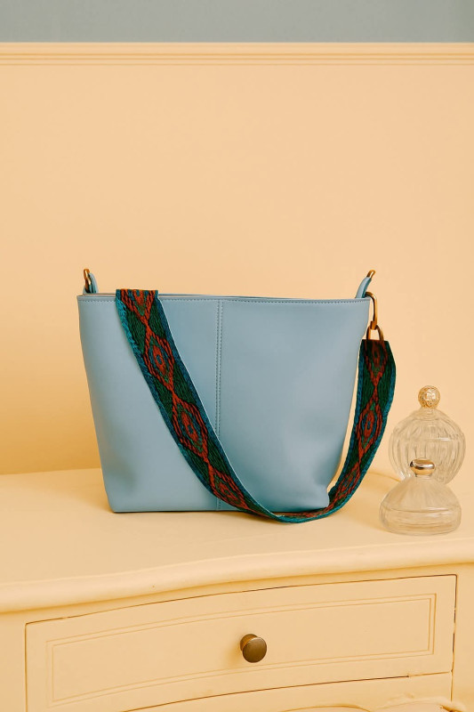 blue genuine leather tote bag for women