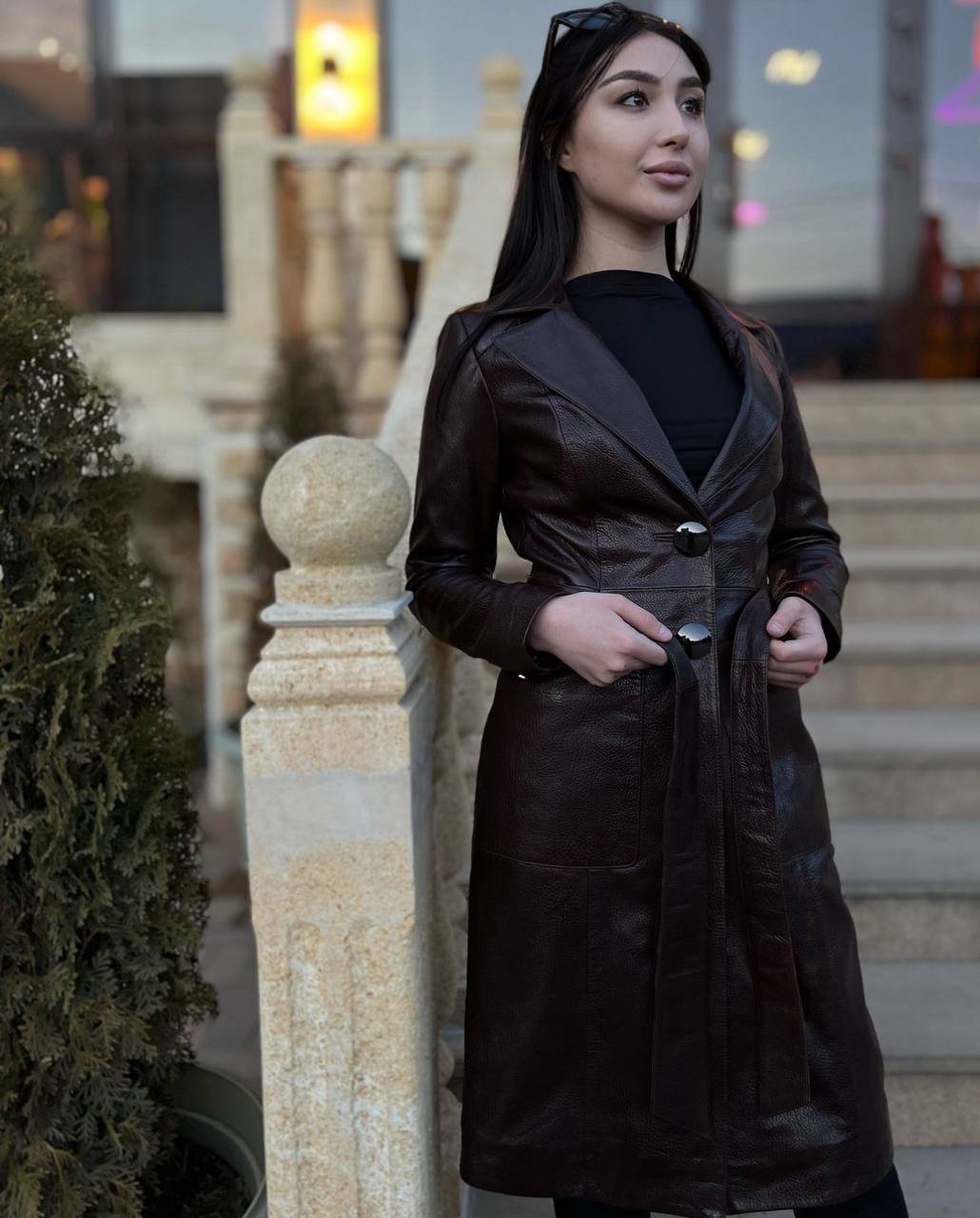 Afreen Fashion™ Éclipse Femme Women's Dark Espresso Leather Long Coat – Luxury European Designer Belted Leather Coat for Premium Fashion Brands